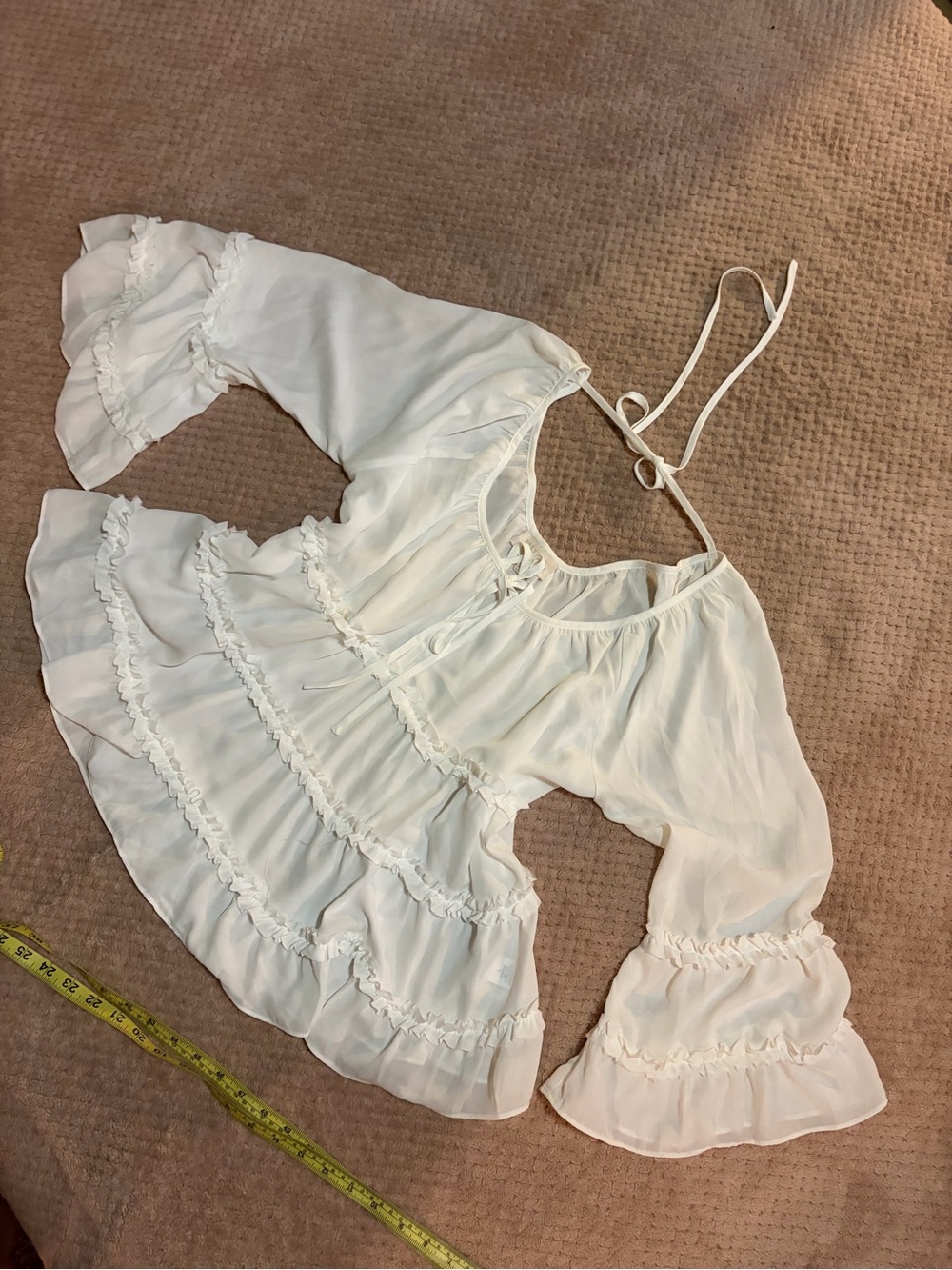 Boho White Ruffled Tie-Neck Peasant Blouse